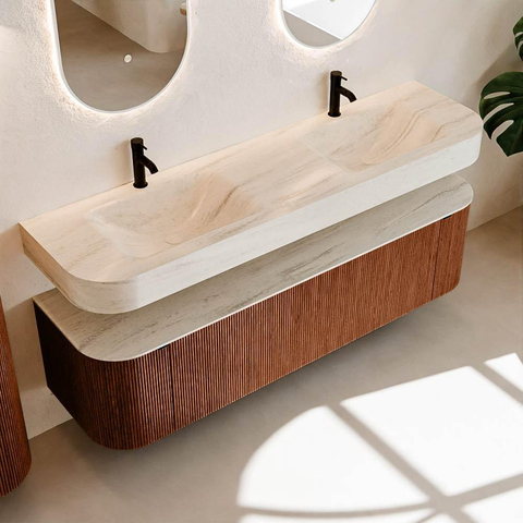 MONDIAZ THOR-DLUX 170cm meuble de salle de bains arrondi gauche + droite couleur Ruby avec 1 tiroir et 2 portes. Vasque suspendue CLOUD Double 2 trous de robinet couleur Meli. SW1465758