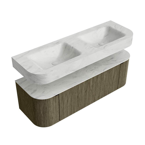 MONDIAZ THOR-DLUX 140cm badmeubel ronding links + rechts kleur Shadow met 1 lade en 2 deuren. Vrijhangende wastafel CLOUD Dubbel zonder kraangat kleur Opalo. SW1464180