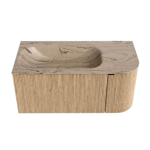 MONDIAZ KURVE-DLUX Meuble de salle de bains 95cm arrondi Droite couleur Chêne avec 1 tiroir et 1 porte. Lavabo BIG SMALL Gauche sans trou de robinet Arena. SW1431086