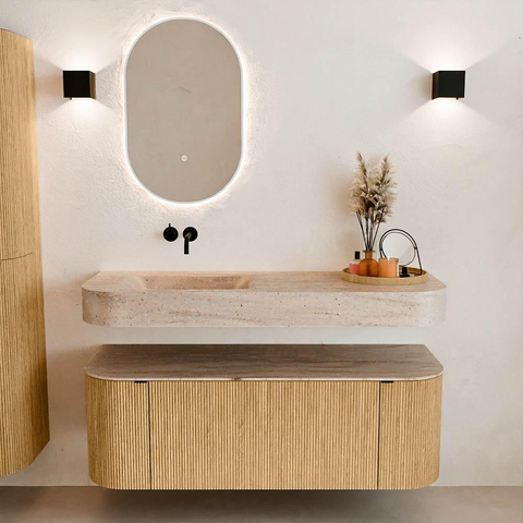 MONDIAZ THOR-DLUX 130cm badmeubel ronding links + rechts kleur Oak met 1 lade en 2 deuren. Vrijhangende wastafel CLOUD Links zonder kraangat kleur Saba. SW1464036