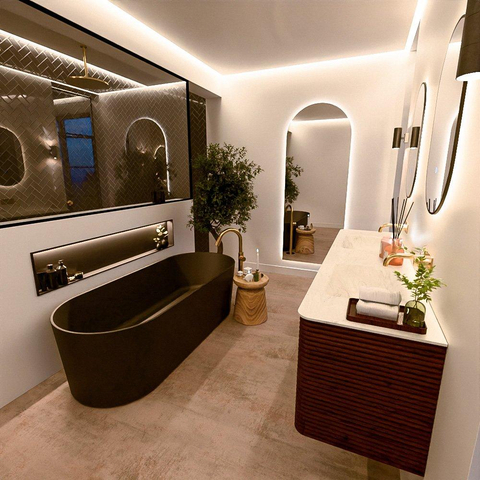 Mondiaz CIRO-DLUX Meuble de salle de bains - 180x45x50cm - Plan vasque Solid surface Opalo - 2 vasques Double - sans perçage pour robinet - 4 tiroirs - Ruby SW1531815
