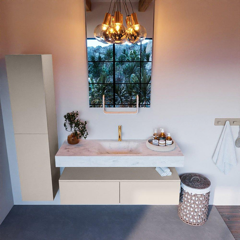 Mondiaz ALAN-DLUX Ensemble de meuble - 130cm - meuble Linen mat - 2 tiroirs - Lavabo Cloud Opalo suspendu - vasque Centre - 1 trou de robinet SW806610