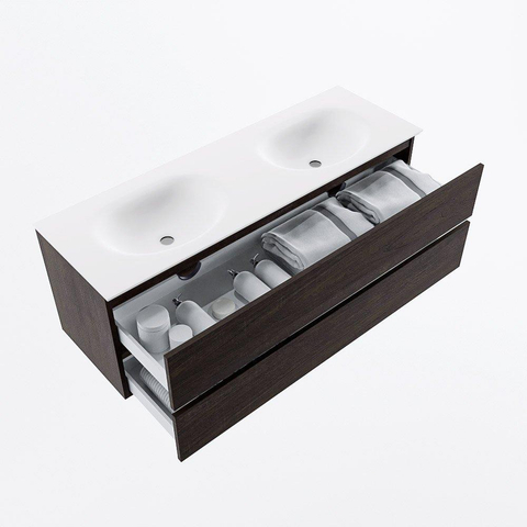 MONDIAZ VICA Ensemble meuble de salle de bains - 140cm - meuble bas dark brown - 2 tiroirs - lavabo moon double - 2 trous de robinet - version haute 60cm - talc SW1082586