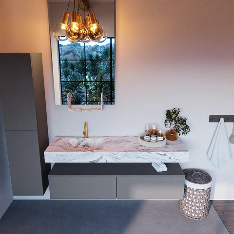 Mondiaz ALAN-DLUX Ensemble de meuble - 150cm - meuble Plata mat - 2 tiroirs - Lavabo Cloud Glace suspendu - vasque Gauche - 1 trou de robinet SW806312
