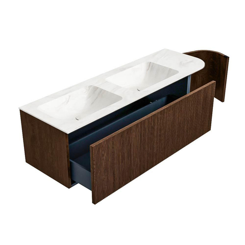 MONDIAZ KURVE-DLUX Meuble de salle de bains 145 cm avec module 25 R couleur Walnut avec 1 tiroir et 1 porte. Plan-vasque LEAF double / gauche sans trou de robinet couleur Ostra. SW1137874