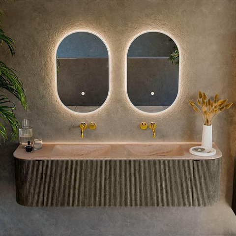 MONDIAZ KURVE-DLUX Meuble de salle de bains 170cm arrondi Gauche + Droite couleur Shadow avec 1 tiroir et 2 portes. Vasque LEAF Double sans trou de robinet Saba. SW1433279