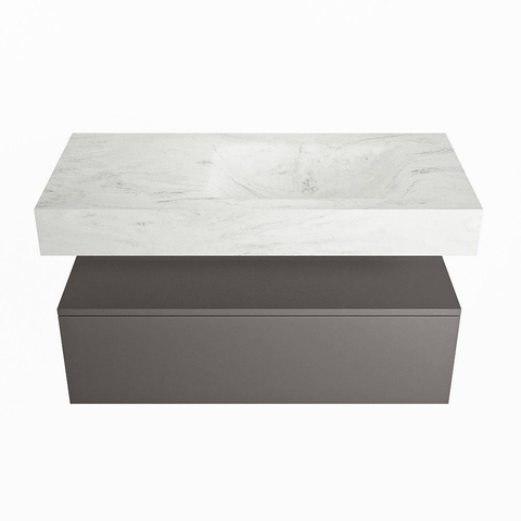 Mondiaz ALAN-DLUX Ensemble de meuble - 100cm - meuble Dark grey mat - 1 tiroir - Lavabo Cloud Opalo suspendu - vasque Droite - 1 trou de robinet SW806164