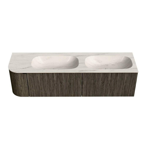 MONDIAZ KURVE-DLUX Meuble de salle de bains 165cm arrondi à gauche couleur Shadow avec 2 tiroirs et 1 porte. Lavabo STOR SMALL Double / Droite 2 trous de robinet Meli. SW1431831