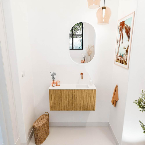 Mondiaz JOYA 80cm toiletmeubel - kleur Oak - Wastafel FAYE positie Rechts Zonder kraangat kleur Talc. SW1421113