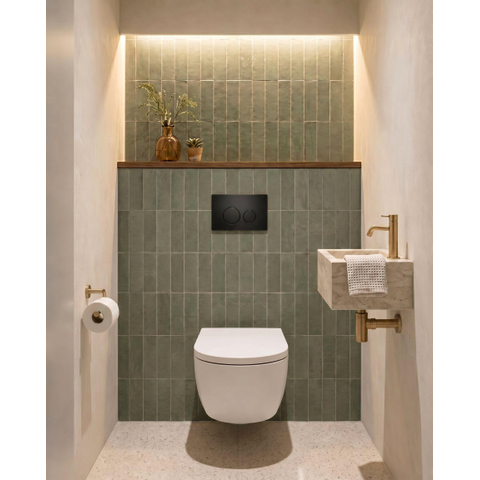 QeramiQ Dely Swirl Ensemble WC- 36.3x51.7cm - Réservoir encastré Geberit UP320 - Abattant de 35mm d'épaisseur - Plaque de commande noire mate - Boutons ronds - Blanc mat SW1138633