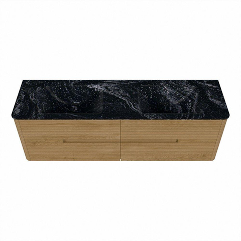 Mondiaz CIRO-DLUX Meuble de salle de bains - 160x45x50cm - Plan de toilette solid surface Lava - 2 vasques double - sans trous de robinetterie - 4 tiroirs - Chêne SW1530973