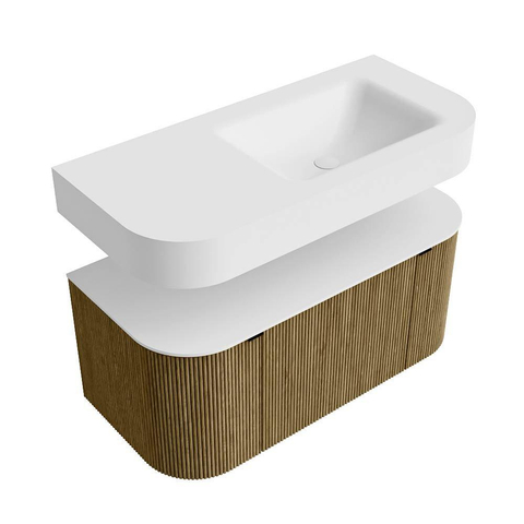 MONDIAZ THOR 100cm meuble de salle de bains arrondi gauche + droite couleur Dusk avec 1 tiroir et 2 portes. Vasque suspendue CLOUD droite 1 trou de robinet couleur Talc. SW1467384