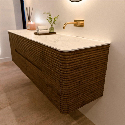 Mondiaz CIRO-DLUX Badkamermeubelset - 160x45x50cm - Solid surface wastafel Opalo - 1 wasbak Rechts - zonder kraangaten - 4 lades - Dusk SW1532886
