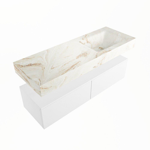 Mondiaz ALAN-DLUX Ensemble de meuble - 130cm - meuble Talc mat - 2 tiroirs - Lavabo Cloud Frappe suspendu - vasque Droite - 0 trous de robinet SW805056
