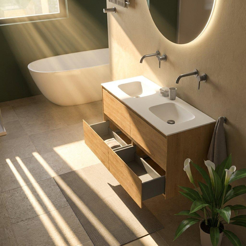Saniclass Holz Pure Badkamermeubelset - 120x45x61.5cm - Flow solid surface wastafel wit - 2 wasbakken - zonder kraangaten - 4 lades - mat eiken natural (hout) SW1478416