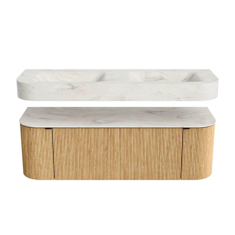 MONDIAZ THOR-DLUX 140cm badmeubel ronding links + rechts kleur Oak met 1 lade en 2 deuren. Vrijhangende wastafel CLOUD Dubbel zonder kraangat kleur Ostra. SW1463937
