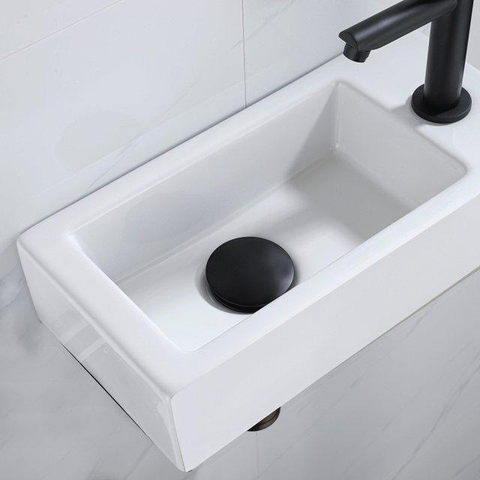 QeramiQ Fuente pack lave-mains – 37,5 x 18,5 x 9 cm – céramique blanc brillant – perçage à droite – robinet noir mat SW1232727