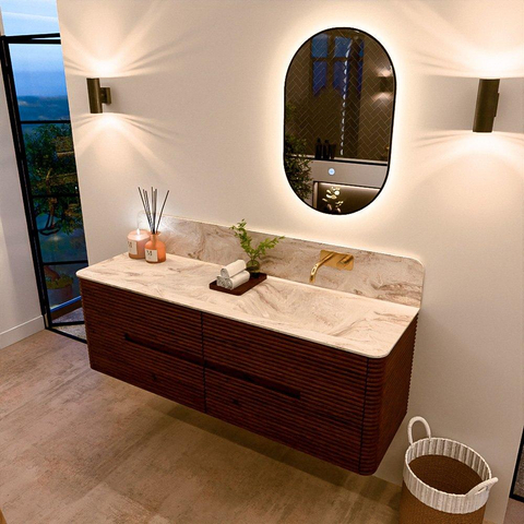 Mondiaz CIRO-DLUX Ensemble de meubles de salle de bains - 150x45x50cm - vasque en solid surface Frappe - 1 lavabo à droite - sans trous de robinet - 4 tiroirs - Ruby SW1531546