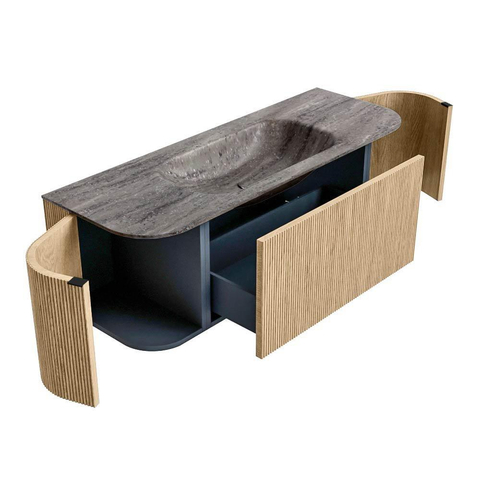 MONDIAZ KURVE-DLUX meuble de salle de bains 130cm arrondi Gauche + Droite couleur chêne avec 1 tiroir et 2 portes. Lavabo BIG SMALL Central sans trou de robinet Oza. SW1432623