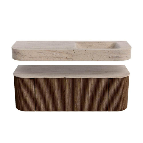 MONDIAZ THOR-DLUX 130cm badmeubel ronding links + rechts kleur Walnut met 1 lade en 2 deuren. Vrijhangende wastafel CLOUD Rechts 1 kraangat kleur Saba. SW1464030