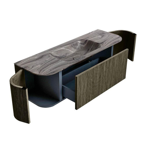 MONDIAZ KURVE-DLUX 140cm badmeubel ronding Links + Rechts kleur Shadow met 1 lade en 2 deuren. Wastafel BIG SMALL Midden 1 kraangat Sombra. SW1433762