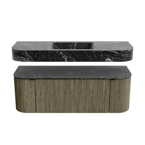 MONDIAZ THOR-DLUX 130cm meuble de salle de bains arrondi gauche + droite couleur Shadow avec 1 tiroir et 2 portes. Vasque suspendue CLOUD Milieu 1 trou de robinet couleur Lava. SW1463786