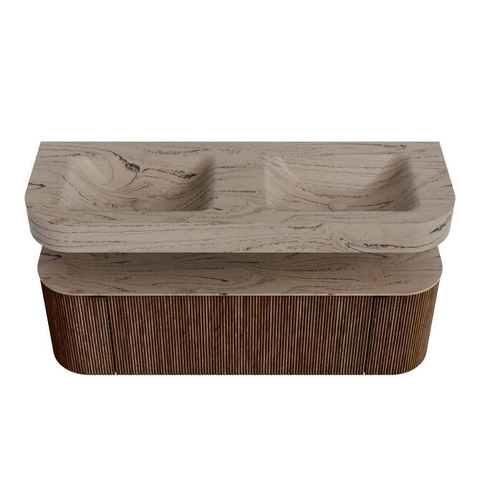 MONDIAZ THOR-DLUX 140cm meuble de salle de bains arrondi gauche + droite couleur Walnut avec 1 tiroir et 2 portes. Vasque suspendue CLOUD Double 2 trous de robinet couleur Arena. SW1464366