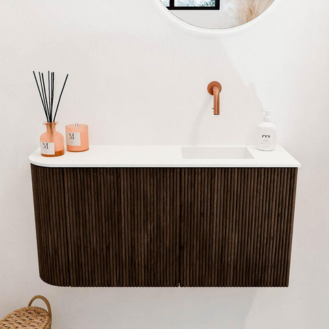 Mondiaz JOYA 81.6cm toiletmeubel - ronding links kleur Walnut - Wastafel FAYE positie Rechts Zonder kraangat kleur Talc. SW1421294