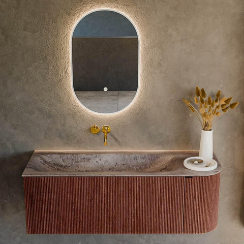 MONDIAZ KURVE-DLUX Meuble de salle de bains 125cm arrondi à droite couleur Ruby avec 1 tiroir et 1 porte. Lavabo BIG MEDIUM à gauche sans trou de robinet Oza. SW1432792