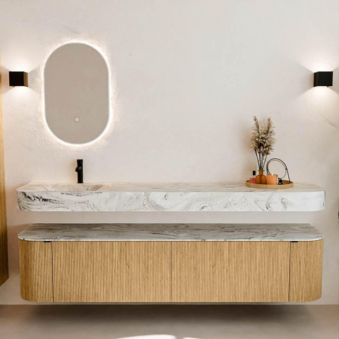 MONDIAZ THOR-DLUX 200cm meuble de salle de bains arrondi gauche + droite couleur Oak avec 2 tiroirs et 2 portes. Vasque suspendue CLOUD Gauche 1 trou de robinet couleur Glace. SW1466937