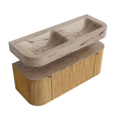 MONDIAZ THOR-DLUX 120cm meuble de salle de bains arrondi gauche + droite couleur Chêne avec 1 tiroir et 2 portes. Vasque suspendue CLOUD Double sans trou de robinet couleur Arena. SW1463387