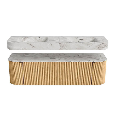 MONDIAZ THOR-DLUX 160cm badmeubel ronding links + rechts kleur Oak met 1 lade en 2 deuren. Vrijhangende wastafel CLOUD Dubbel zonder kraangat kleur Glace. SW1465011