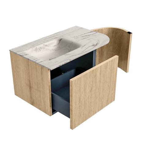 MONDIAZ KURVE-DLUX Meuble de salle de bains 75cm arrondi à droite couleur Chêne avec 1 tiroir et 1 porte. Lavabo GRUNNE à gauche sans trou de robinet Nata. SW1432056