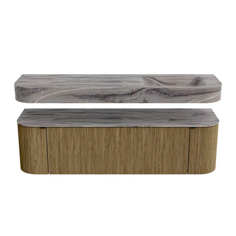 MONDIAZ THOR-DLUX 160cm meuble de salle de bains arrondi gauche + droite couleur Dusk avec 1 tiroir et 2 portes. Vasque suspendue CLOUD Droite sans trou de robinet couleur Sombra. SW1465390