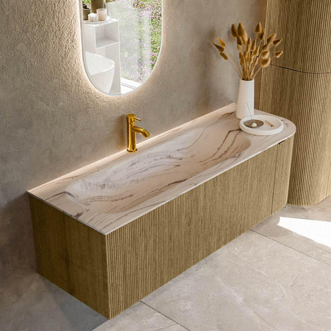 MONDIAZ KURVE-DLUX Meuble de salle de bains 135cm arrondi Droite couleur Dusk avec 1 tiroir et 1 porte. Lavabo BIG MEDIUM Gauche 1 trou de robinet Nata. SW1432395