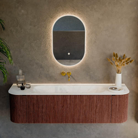 Mondiaz KURVE-DLUX Ensemble de meuble de salle de bains - 160x46x40cm - 1 tiroir - 2 portes - vasque solid surface - au milieu - sans trou de robinet - Ruby SW1415760