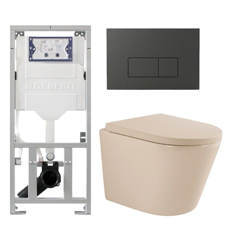 QeramiQ Dely Toiletset - 36.3x51.7cm - diepspoel - rimless - Geberit UP320 inbouwreservoir - softclose toilet zitting - 35mm - bedieningsplaat antraciet mat - rechthoekige knoppen - mat beige SW1236500