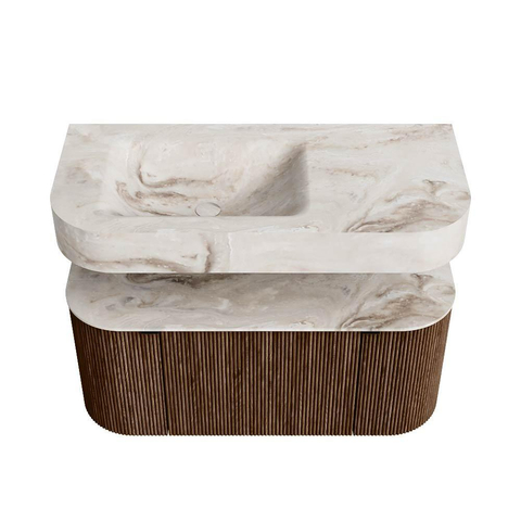 MONDIAZ THOR-DLUX 100cm meuble de salle de bains arrondi gauche + droite couleur Walnut avec 1 tiroir et 2 portes. Vasque suspendue CLOUD gauche sans trou de robinet couleur Frappe. SW1467336