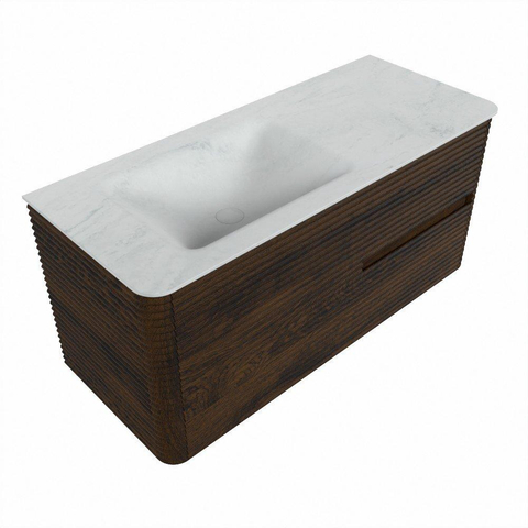 Mondiaz CIRO-DLUX Ensemble de meuble de salle de bains - 110x45x50cm - plan-vasque solid surface Opalo - 1 vasque à gauche - 1 trou de robinet - 2 tiroirs - Noyer SW1530204