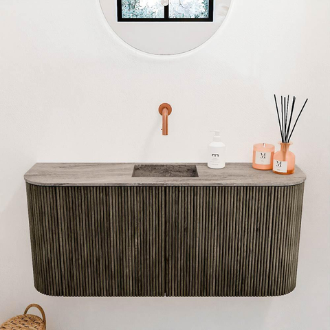 Mondiaz JOYA-DLUX 93.2cm toiletmeubel - ronding links en rechts kleur Shadow - Wastafel FAYE positie Midden Zonder kraangat kleur Oza. SW1425080