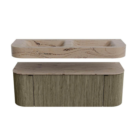 MONDIAZ THOR-DLUX 130cm meuble de salle de bains arrondi gauche + droite couleur Shadow avec 1 tiroir et 2 portes. Vasque suspendue CLOUD Double 2 trous de robinet couleur Arena. SW1463812