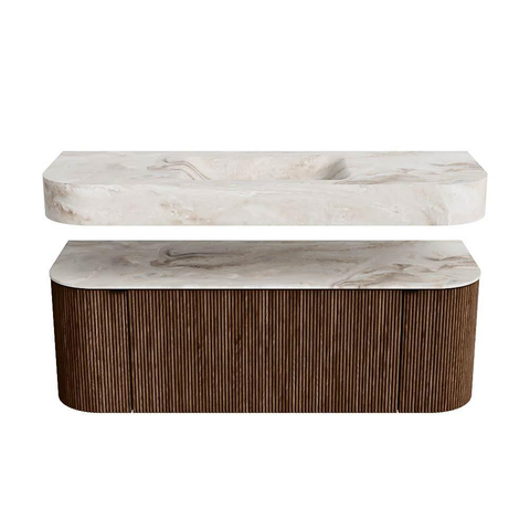 MONDIAZ THOR-DLUX 130cm meuble de salle de bains arrondi gauche + droite couleur Walnut avec 1 tiroir et 2 portes. Vasque suspendue CLOUD Milieu sans trou de robinet couleur Frappe. SW1463560