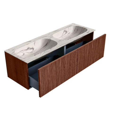 MONDIAZ KURVE-DLUX Meuble de salle de bains 140 cm couleur Ruby avec 2 tiroirs et 0 porte. Lavabo STOR SMALL Double 2 trous de robinet Nata. SW1432589