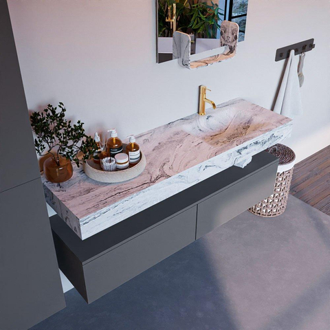 Mondiaz ALAN-DLUX Ensemble de meuble - 150cm - meuble Plata mat - 2 tiroirs - Lavabo Cloud Glace suspendu - vasque Droite - 1 trou de robinet SW806112