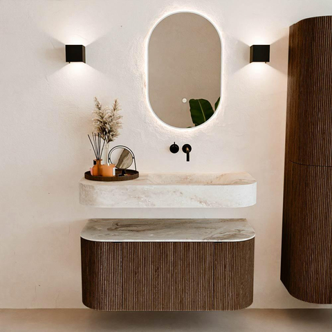 MONDIAZ THOR-DLUX 100cm meuble de salle de bains arrondi gauche + droite couleur Walnut avec 1 tiroir et 2 portes. Vasque suspendue CLOUD droite sans trou de robinet couleur Frappe. SW1467332