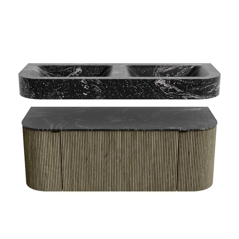 MONDIAZ THOR-DLUX 120cm meuble de salle de bains arrondi gauche + droite couleur Shadow avec 1 tiroir et 2 portes. Vasque suspendue CLOUD Double sans trou de robinet couleur Lava. SW1463153