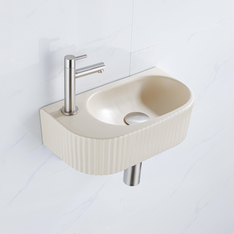 QeramiQ Fuente fonteinset – halfrond – 40x21.5x12 cm – kraangat links – kraan geborsteld RVS – geribbeld SW1233020