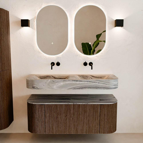 MONDIAZ THOR-DLUX 120cm badmeubel ronding links + rechts kleur Walnut met 1 lade en 2 deuren. Vrijhangende wastafel CLOUD Dubbel zonder kraangat kleur Sombra. SW1463648