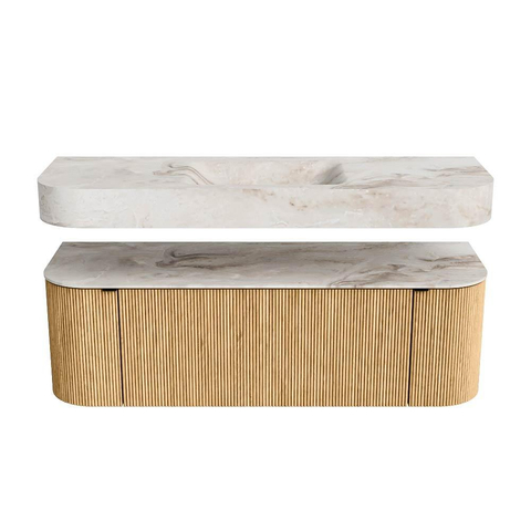 MONDIAZ THOR-DLUX 140cm meuble de salle de bains arrondi gauche + droite couleur Oak avec 1 tiroir et 2 portes. Vasque suspendue CLOUD Milieu 1 trou de robinet couleur Frappe. SW1463913