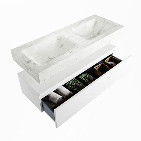 Mondiaz ALAN-DLUX Ensemble de meuble - 120cm - meuble Talc mat - 1 tiroir - Lavabo Cloud Opalo suspendu - vasque Gauche et droite - 2 trous de robinet SW806245